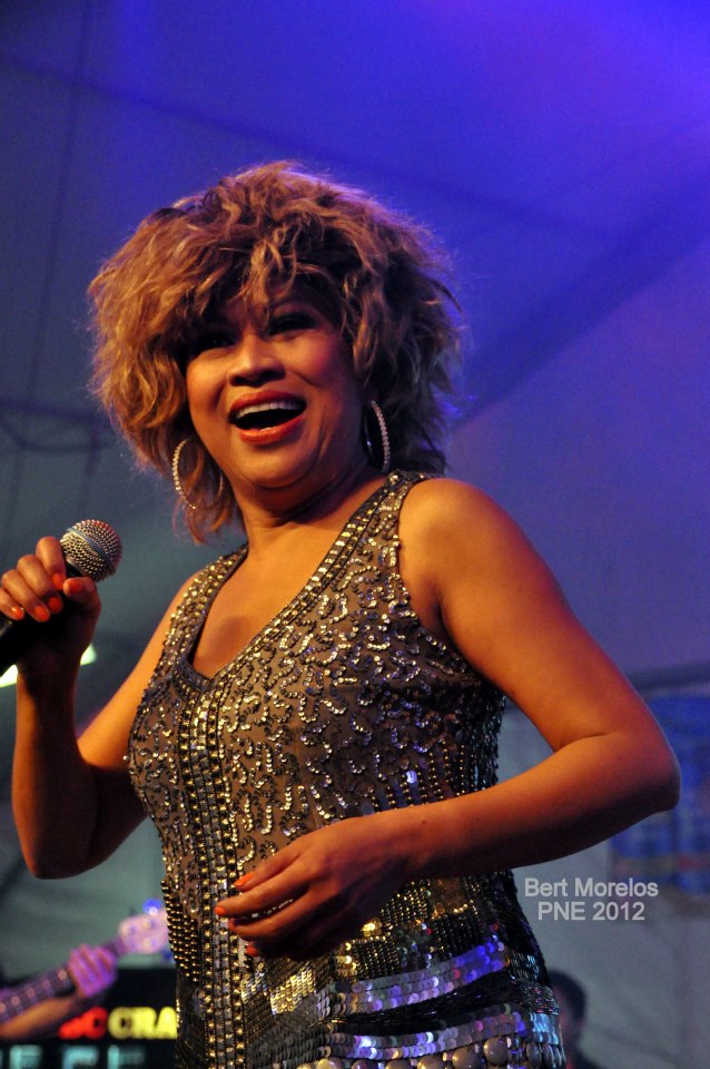 Luisa Marshall as Tina Turner at the PNE Tribute Stage 2012 in a silver dress. Tina Turner Tribute.