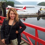 Luisa Marshall getting ready to board a small seaplane